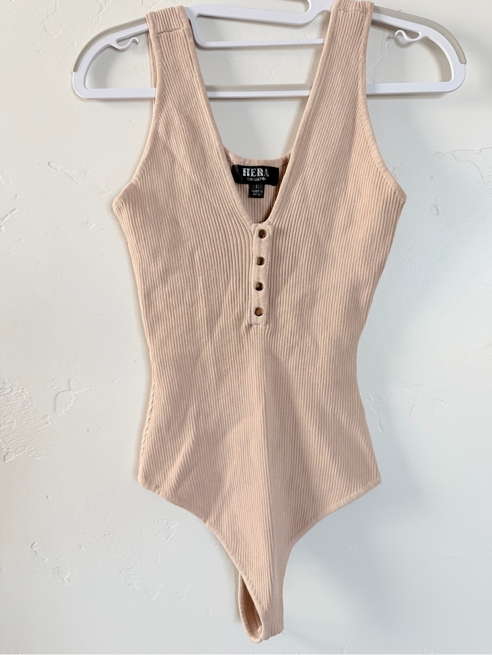Hera Collection Ribbed Bodysuit in Light Beige Bodycon Sleeves Top